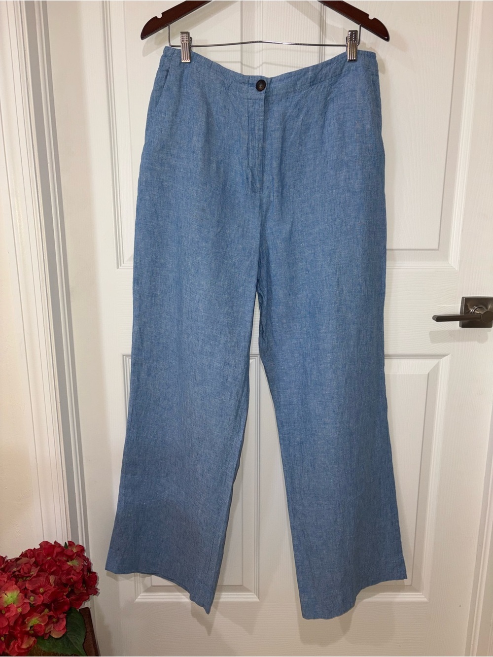 Boden 100% Linen Wide Leg Pants Women’s Size 14 Long Chambray Coastal Casual